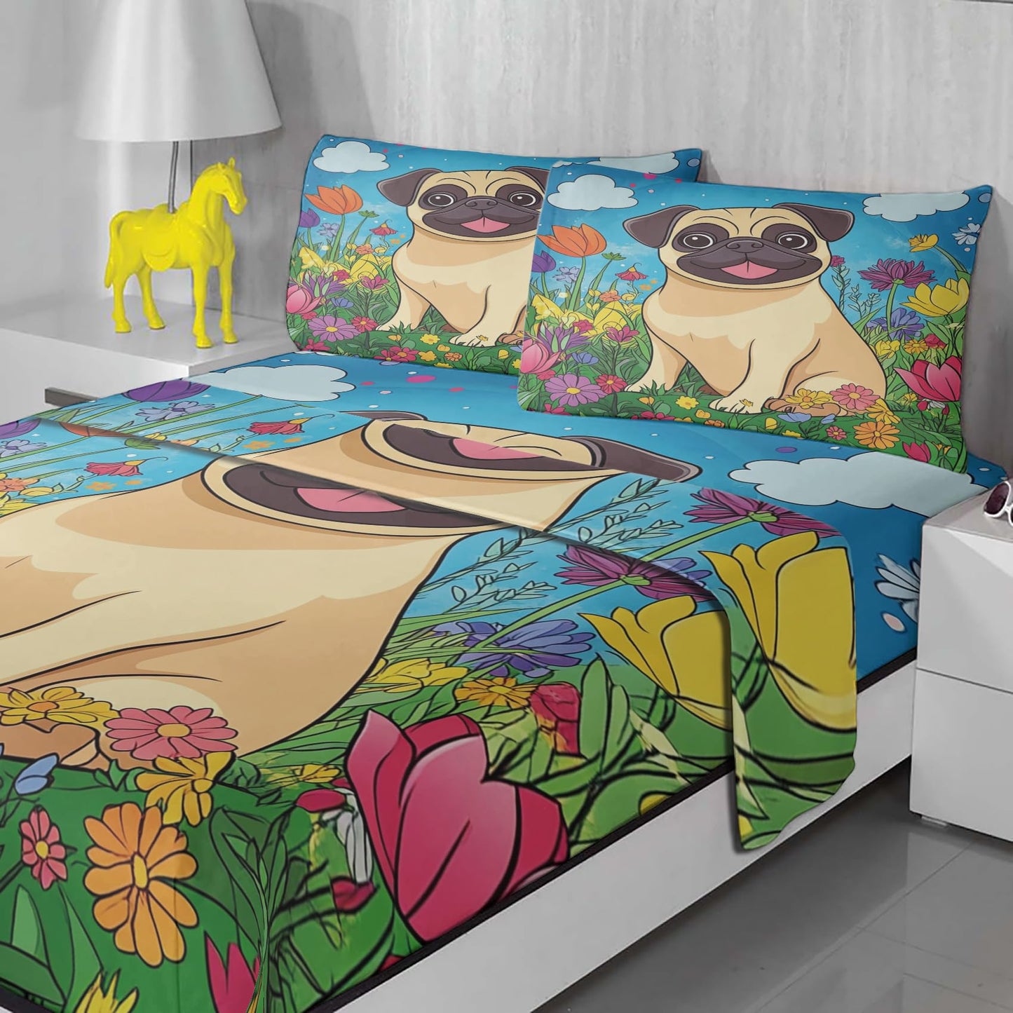 Rejkxyw King Size Sheets Set Cartoon French Bulldog - Puppy Dog Bed Sheets - Kids Boys Girls Sheet Set - 12 Inch Deep Pocket - Ultra Soft Winkle Free Microfiber Bedding Sheets & Pillowcases 4 Piece