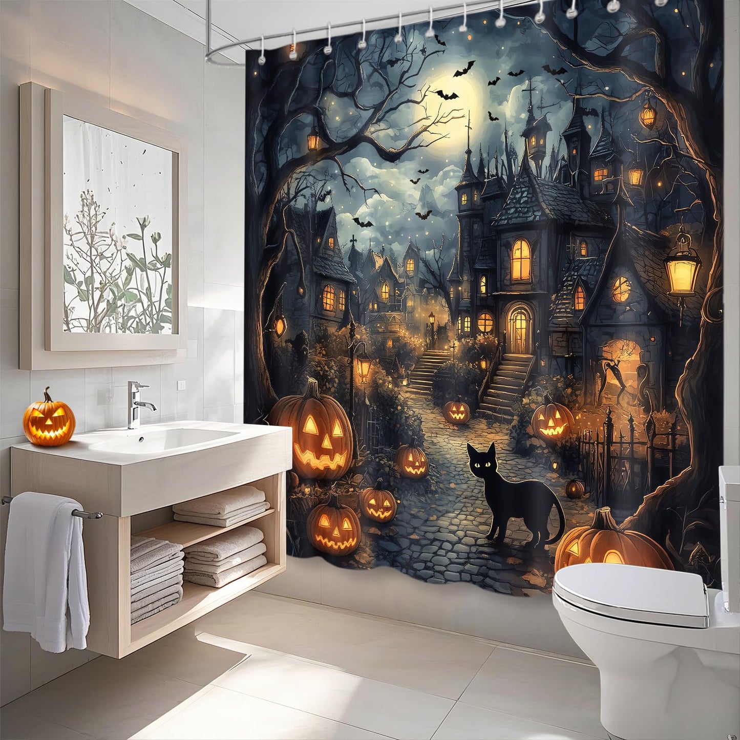 APROPHIC Halloween Shower Curtain, Halloween Horror Castle Shower Curtain for Bathroom, Pumpkin Lantern Black Cat Full Moon Bathroom Decorations Waterproof Curtains with 12 Hooks 72x72 in