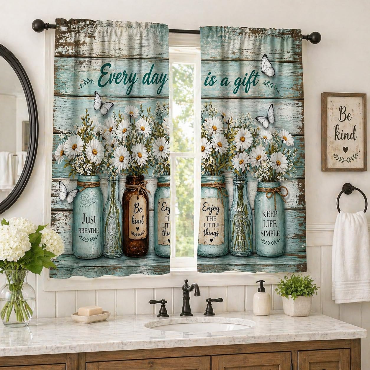 Farmhouse Kitchen Curtains for Windows, Rustic Blue Wood Wildlife Daisy Cafe Curtains Inspirational Quotes Every Day is a Gift Small Window Treatment for Bathroom Laundry Room 2 Panels 21x45 Inch