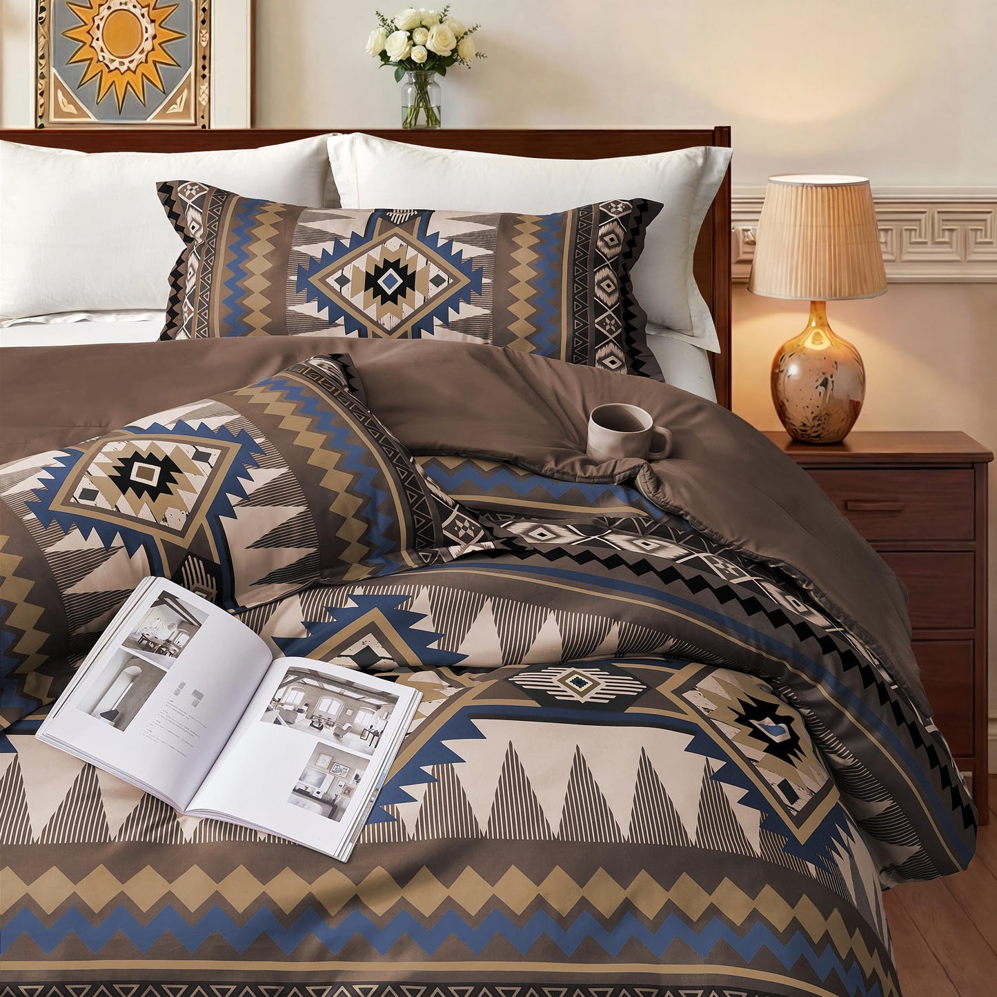 Tyrot Dark Brown King Size Comforter Set – 3 Piece Boho Aztec Western Bedding Sets, Soft Lightweight Comforter for All Seasons, Southwestern Style, 1 Comforter & 2 Pillow Shams