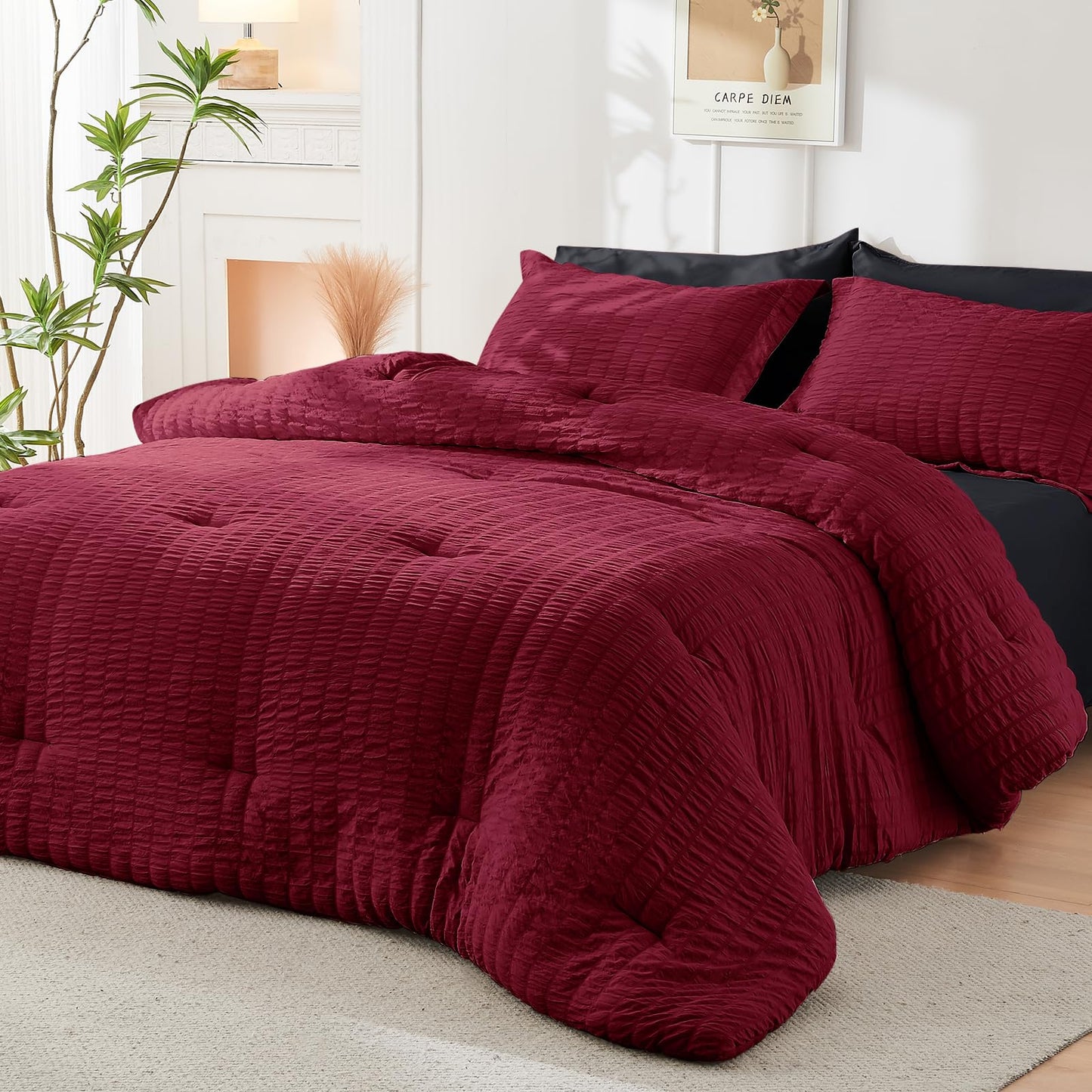 HYMOKEGE Red/Black Oversized Queen Comforter Set Seersucker 7 Pieces, All Season Luxury Bed in a Bag for Bedroom, Bedding Set with Comforter, Sheets, Pillowcases & Shams