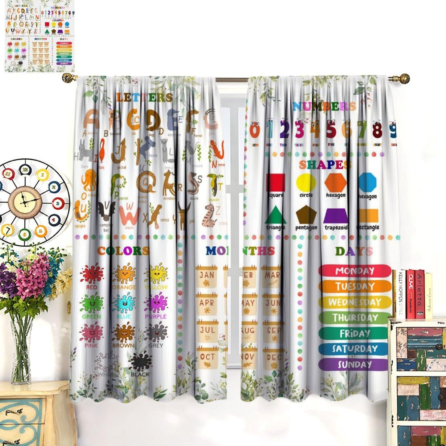 Kids Alphabets ABC Curtains,Cartoon Numeric Color Animal Nursery Eucalyptus Leaves Plant Funny School Education Window Drapes Print for Boys Girls Baby Children Toddler Bedroom 42x45in（No Blackout）
