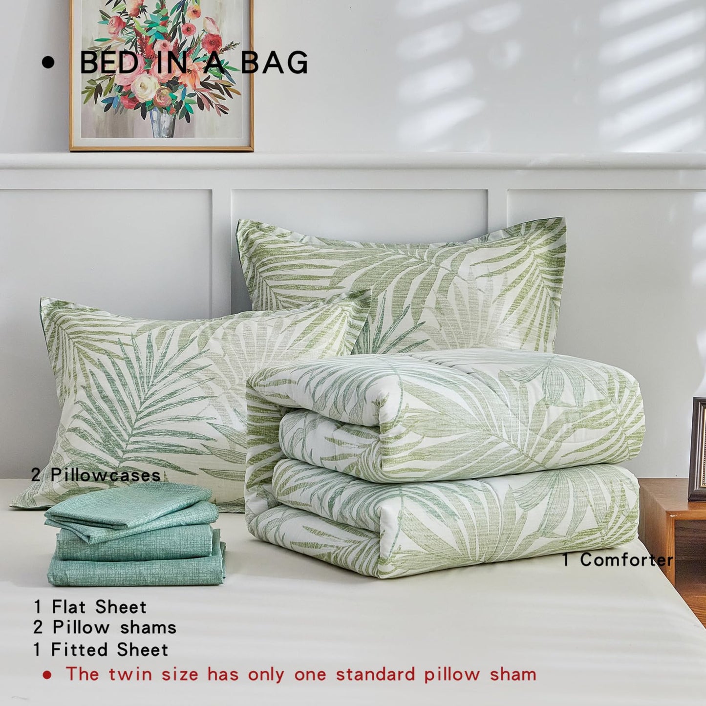 AIKASY Blue Green Queen Comforter Set with Sheets,Bed in a Bag 7-Pieces,Palm Tree Totem Printing Design,Ultra Soft Down Alternative All Season Bedding Set(Queen, Blue Green)