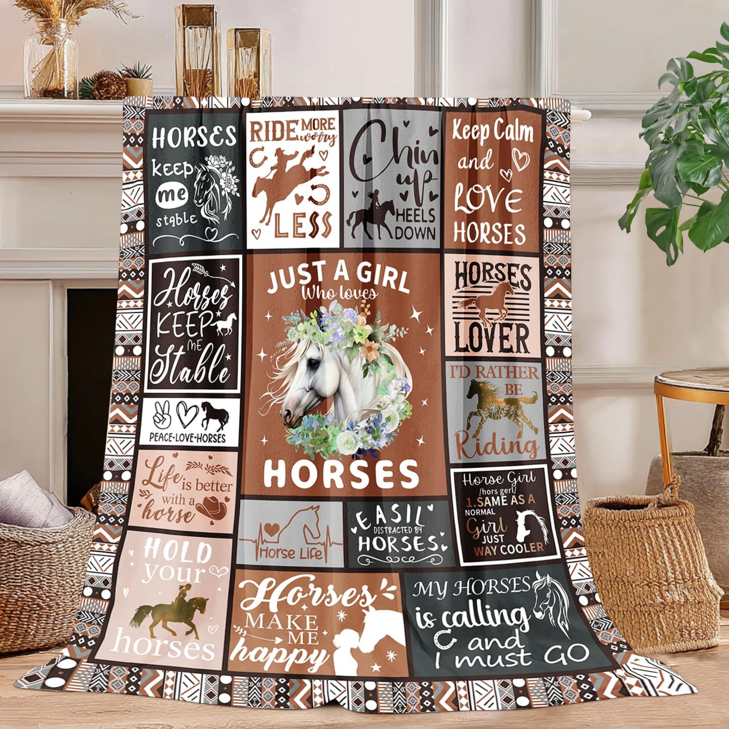 Horse Lover Gift for Women - 50"x40" Ultra Soft Plush Flannel Fleece Brown Horse Throw Blanket, Cozy Fluffy Decor for Couch Bed, Christmas Birthday Present