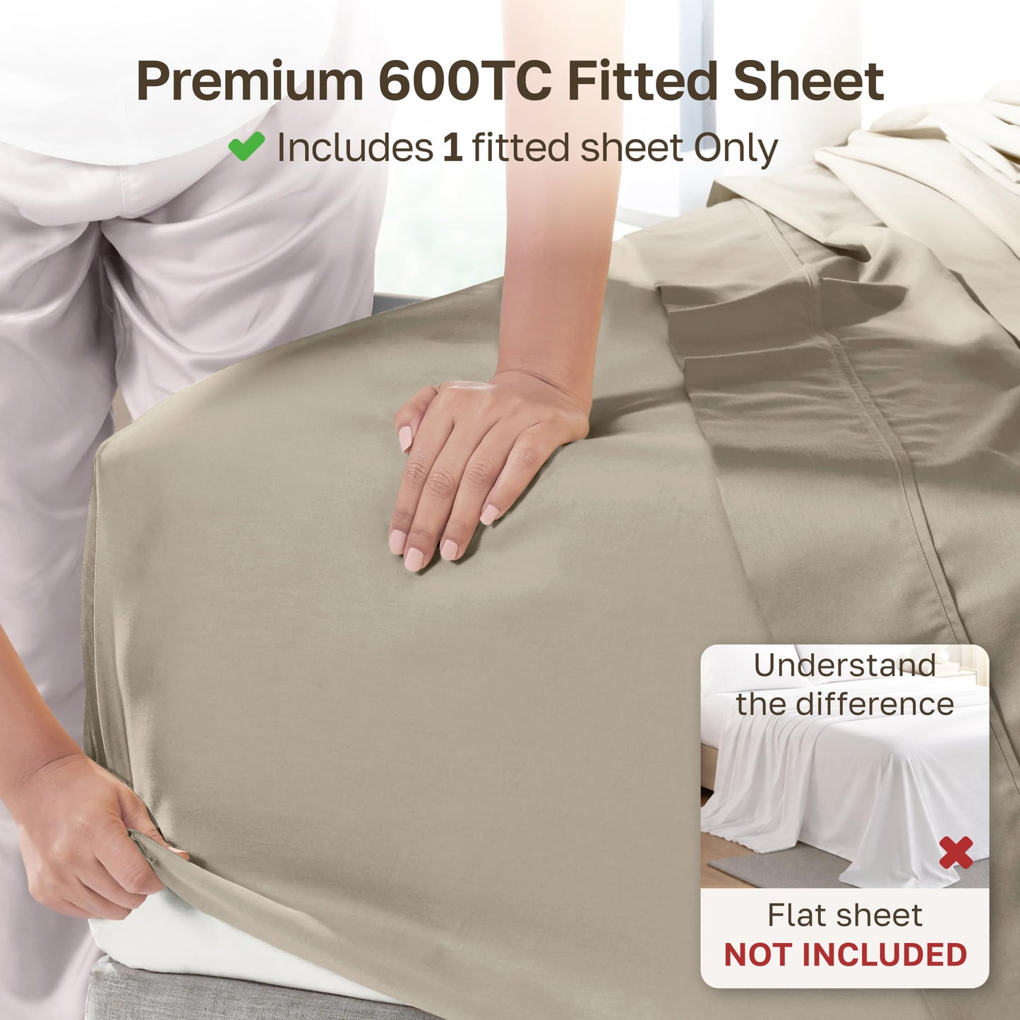 California Design Den Queen Size Fitted Sheet Only - 100% Cotton, 600 Thread Count, Soft Deep Pocket Bottom Fitted Sheet, Sateen Weave, Premium-Feel Bedding, Featuring Foot Side Indicator (Cool Taupe)