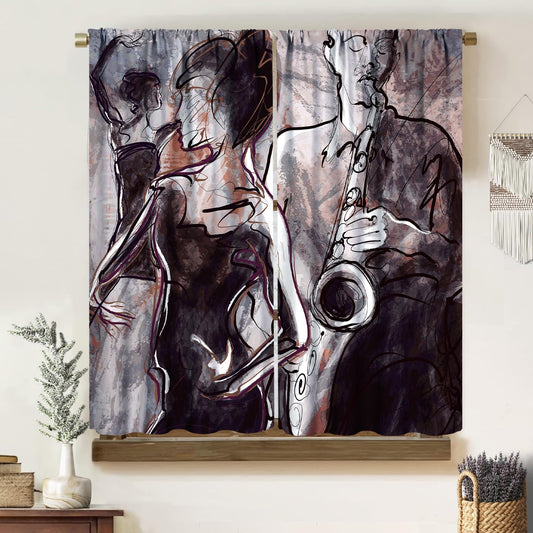 Abstract Black Woman Curtains, Modern Urban Art Hand Drawn Grey Brown Line Graffiti Musician Dancer Window Treatments, Blackout Rod Pocket Drapes For Living Room Bedroom Bathroom (21x45in)x2 Panels