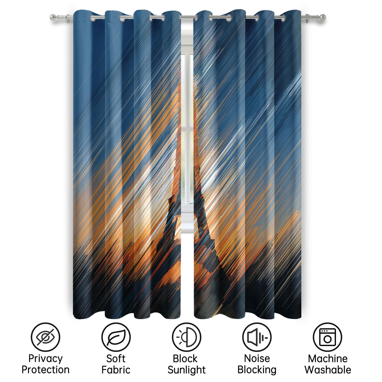 Mistwalk Abstract Eiffel Tower Curtains Blackout, 45 Inch Curtains for Bedroom & Living Room, Room Darkening Thermal Insulated Grommet Drapes, Modern Line Art Patterned Window Treatments