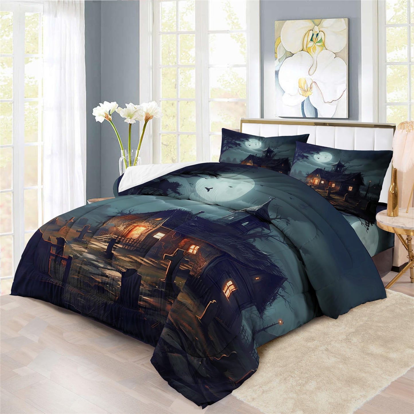 Halloween Haunted House Prints Comforter Set | Horror Festive Spooky Manor Design Bedding Set | with Soft Comforter+2 Pillow Shams(3PCS) or Sheet (4PCS) (A,Full-4PCS)