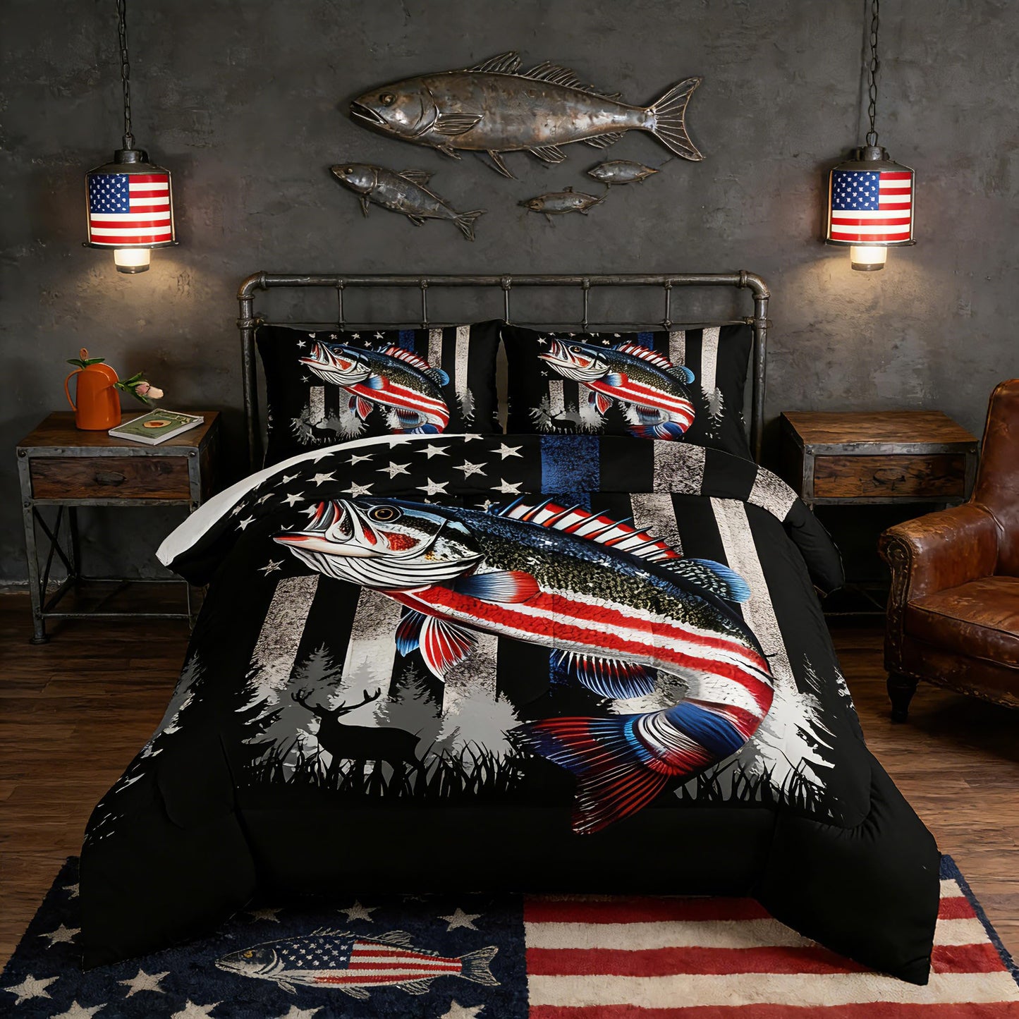 HOSIMA Soft Microfiber Black Full Size Comforter with 2 Pillowcases,American Flag Striped Bass Pattern Bedding Sets,Fishing Comforter Kids Men Boys Room Decor,Bed in a Bag Full Size for Teens.