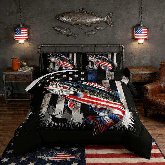 HOSIMA Soft Microfiber Black Full Size Comforter with 2 Pillowcases,American Flag Striped Bass Pattern Bedding Sets,Fishing Comforter Kids Men Boys Room Decor,Bed in a Bag Full Size for Teens.