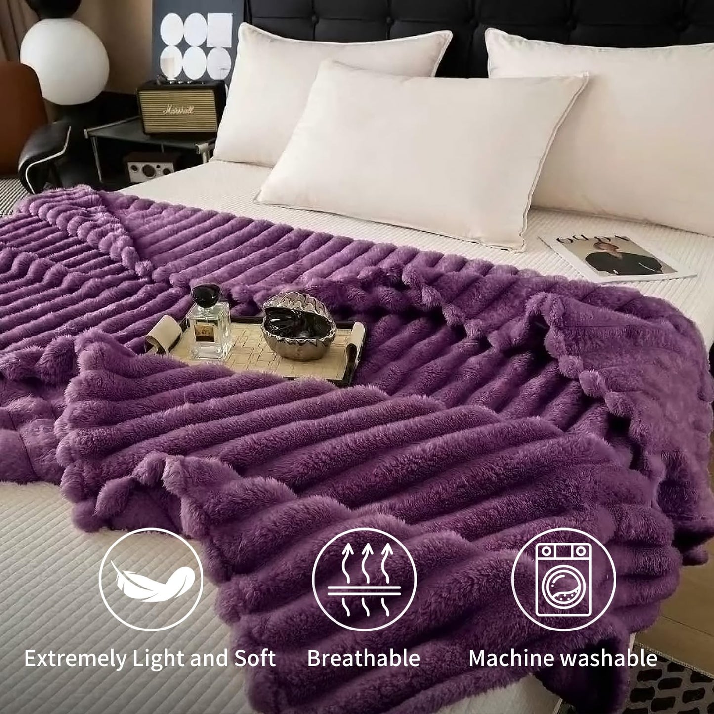 SS-Sunrise Fleece Throw Blanket for Bed 80"x90", Fluffy 3D Ribbed Jacquard Coral Purple Flannel Blanket 330gsm, Soft Plush Blanket for Home Decor