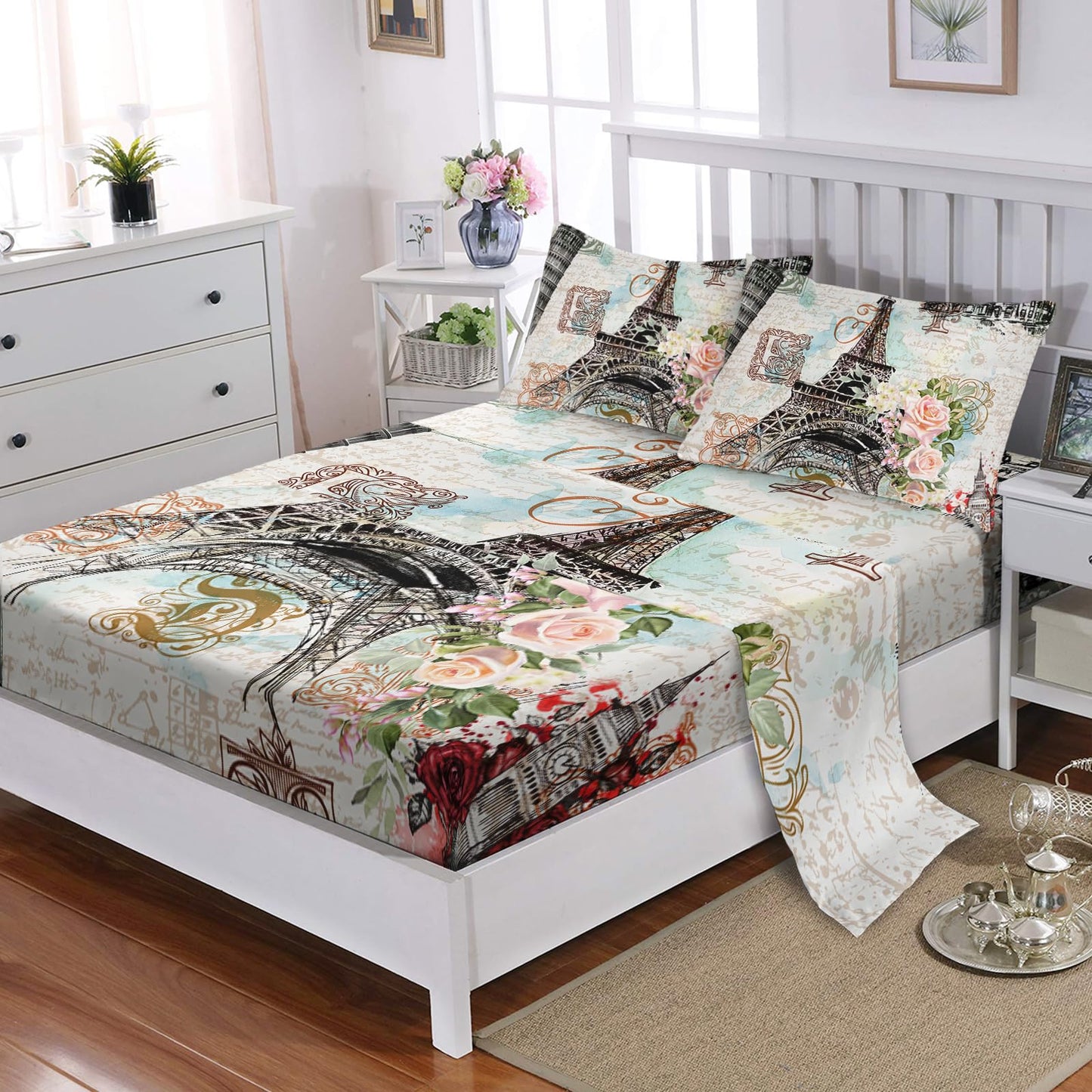 Nttopship Romantism 4 Pieces Bed Sheets Soft Microfiber,Eiffel Tower Bedding Set Fitted Sheet Deep Pockets Top Flat Sheet Room Decor Romantic Floral Queen Size with 2 Pillowcases for Girls and Boys