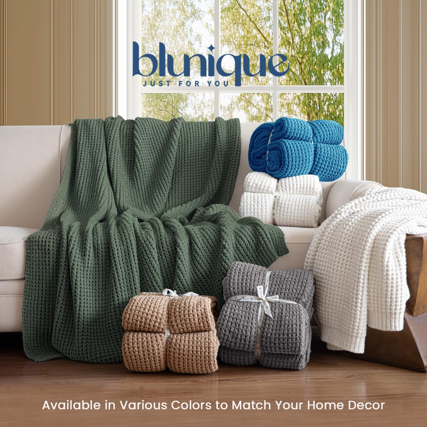 blunique Waffle Knit Throw Blanket, Luxury Cozy Chunky Knit Throw Blanket for Couch, 50 x 60 Inch Thick Ultra-Soft Feather Yarn Knitted Blanket for Sofa, Bed, Home Decor - Sage