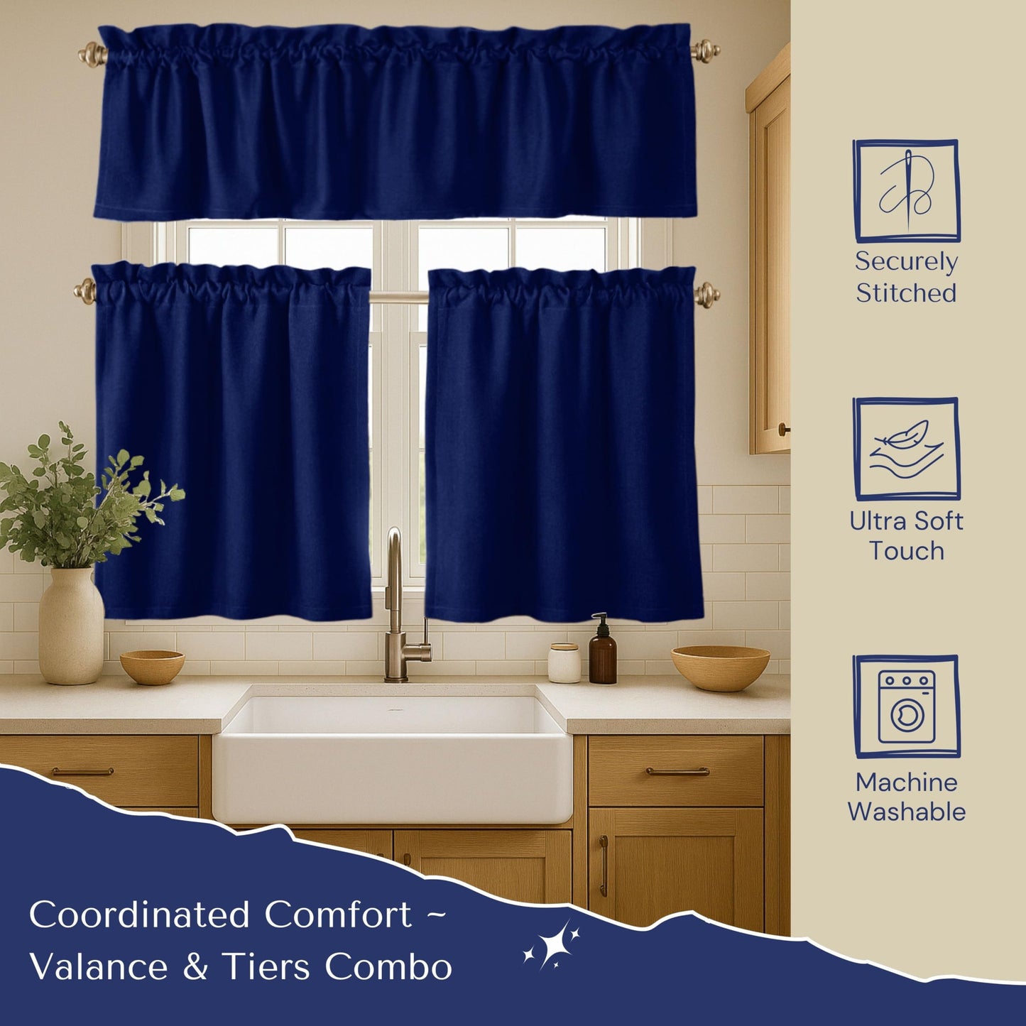 Native Fab 3 Piece Window Curtain Tiers 26"x36" and Valance 54"x18" Set - Rod Pocket - Semi Sheer - Short Curtain for Kitchen, Cafe, Living Room - Ink Blue