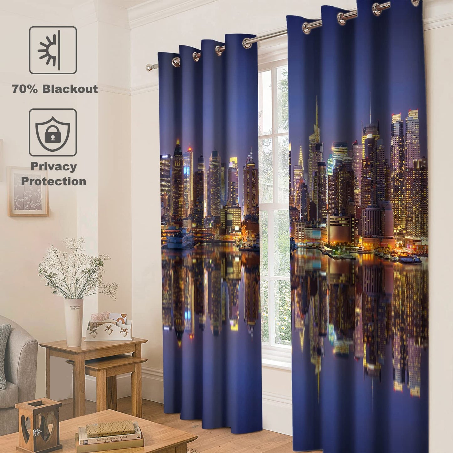 Jekeno City Landscape Blackout Curtains New York Manhattan Midnight Cityscape Ocean Reflection by The Coast Scenery Urban Decor for Bedroom Living Room Grommet Window Drapes 2 Panel Set, 52"x84"