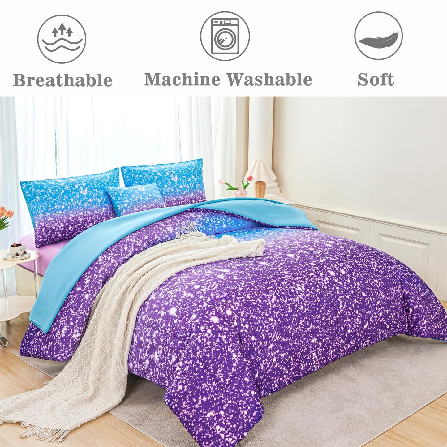 RYNGHIPY Blue Purple Girls Bedding Set 3D Colorful Galaxy Starry Comforter Sets for Girls Kids Twin Lightweight Soft Rainbow Bed in A Bag