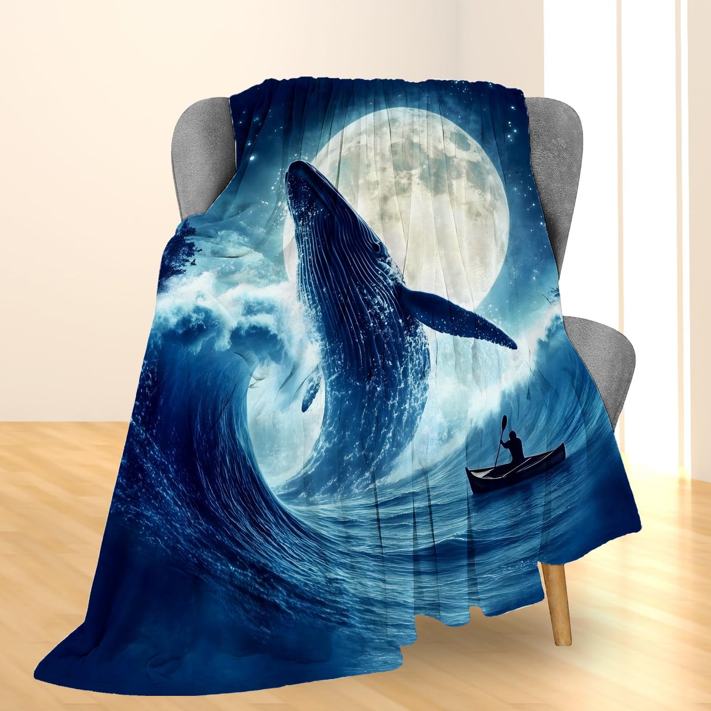 Ti Caldi Whale and Moon Blanket, Soft Cozy Flannel Marine Throw Blanket for Adults Kids Men Women, Lightweight Warm Fuzzy Blankets for Couch, Bed, Travel & Home Decor 60×50 in