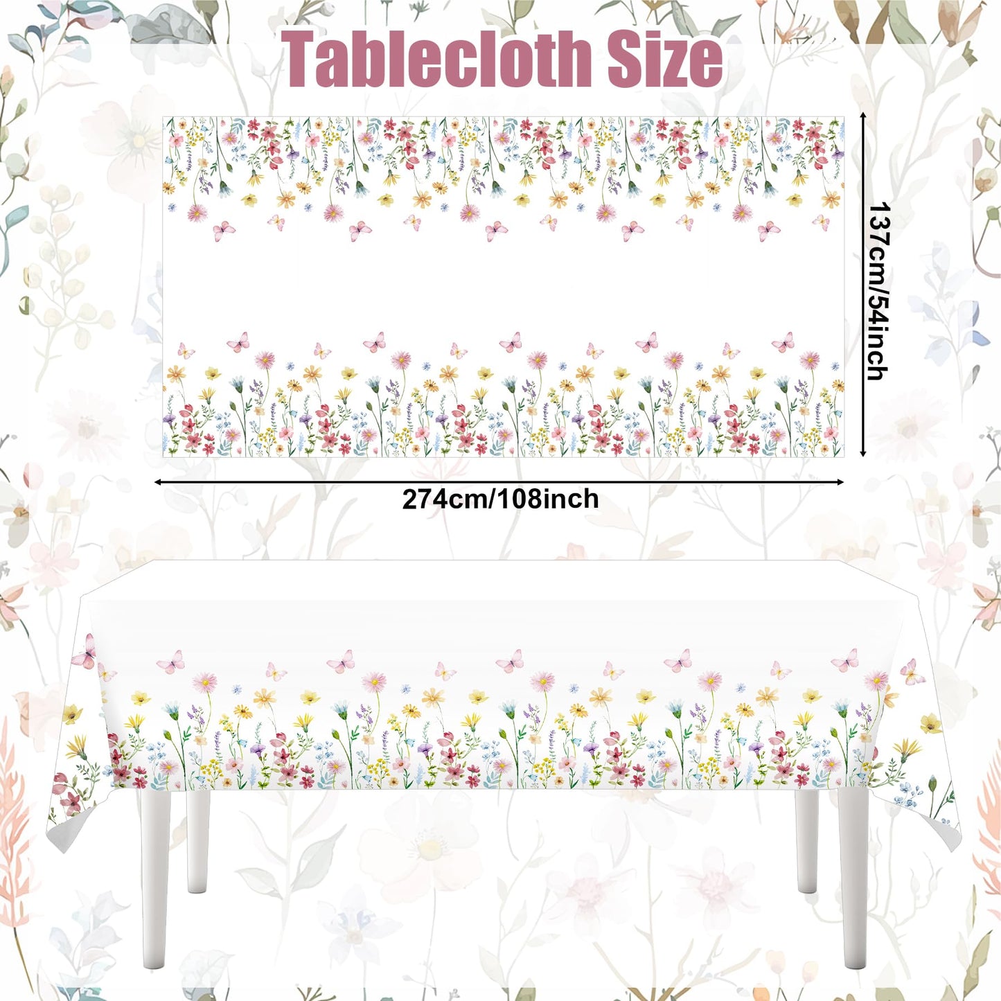 Lianxuia 3Pcs Spring Floral Tablecloth, 54 x 108 Inch Butterfly Wildflower Plastic Table Cover, Disposable Flower Themed Table Cloth for Wedding, Mothers Day, Tea Party Decorations