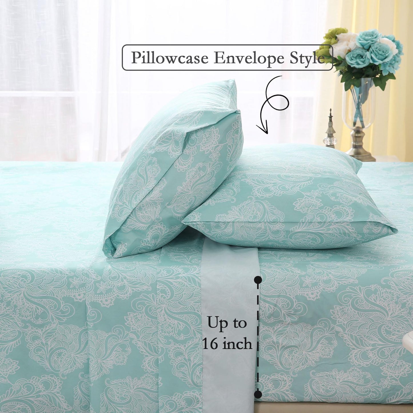 ChicView Queen Size Paisley Printed Sheet Set,4 Pieces Boho Style Breathable Soft Microfiber Bedsheets, Anti Pilling Deep Pockets Easy Care Bed Sheets, Blue