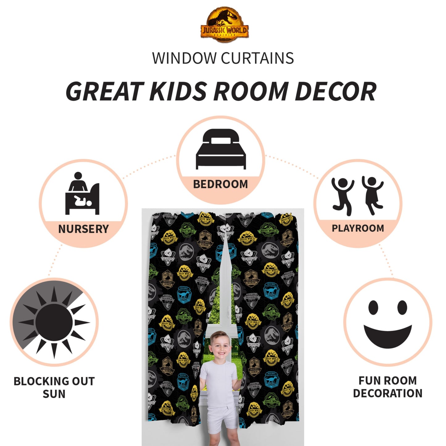 Franco Kids Room Window Curtains Drapes Set, 82 in x 63 in, Jurassic World