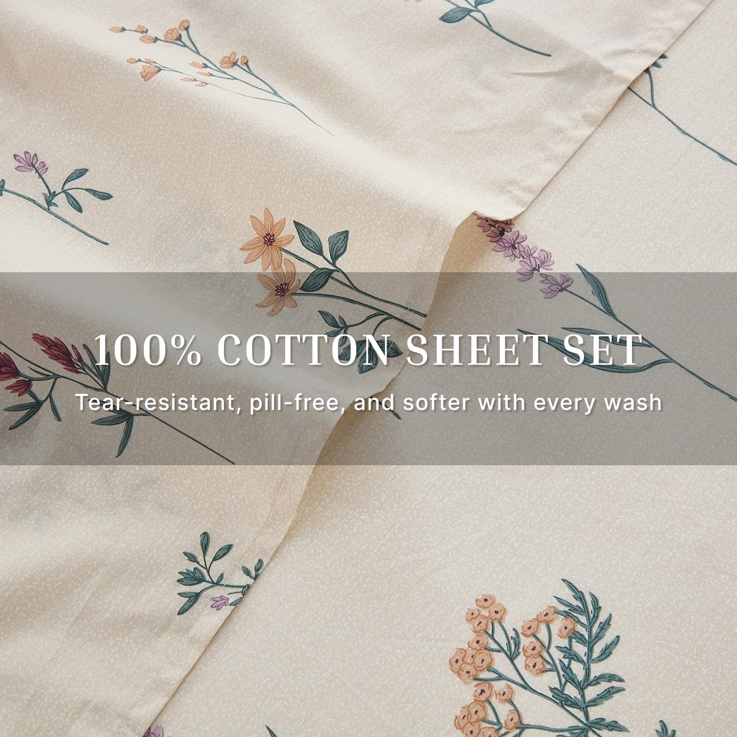 Cozaline Cream Floral Sheets Set Queen Size 100% Cotton, 4 Pieces, Soft & Breathable Percale Weave Bedding, Deep Pocket 17.5", Crisp Cool Feeling, Durable, Perfect Cute Floral Bed Sheet