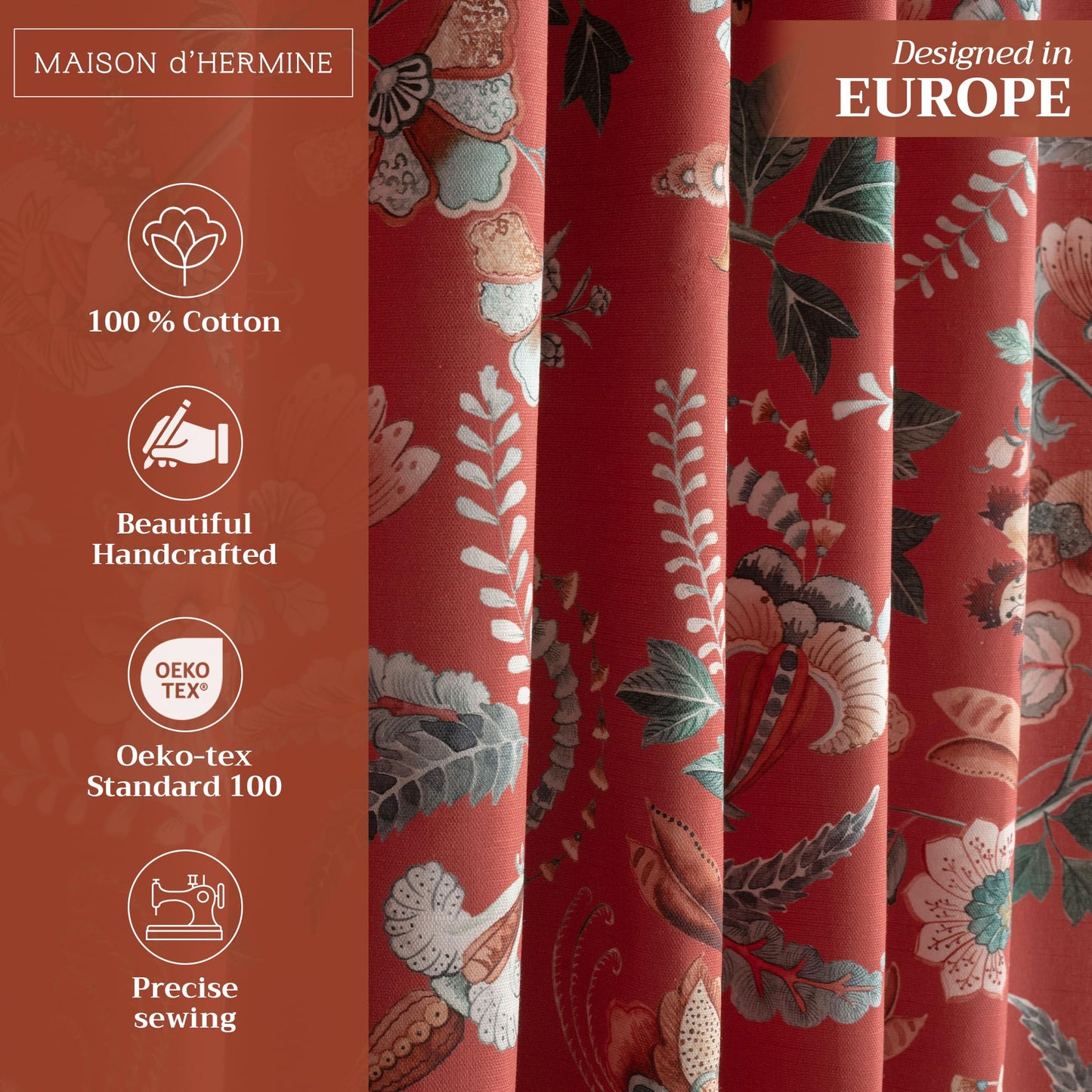 Maison d' Hermine Curtains for Living Room 100% Cotton 96 inch Length One Panel Light Filtering Curtains for Windows with Rod and Loop Pockets Spring Summer (Dalida - Terracotta, 50" W x 96" L)