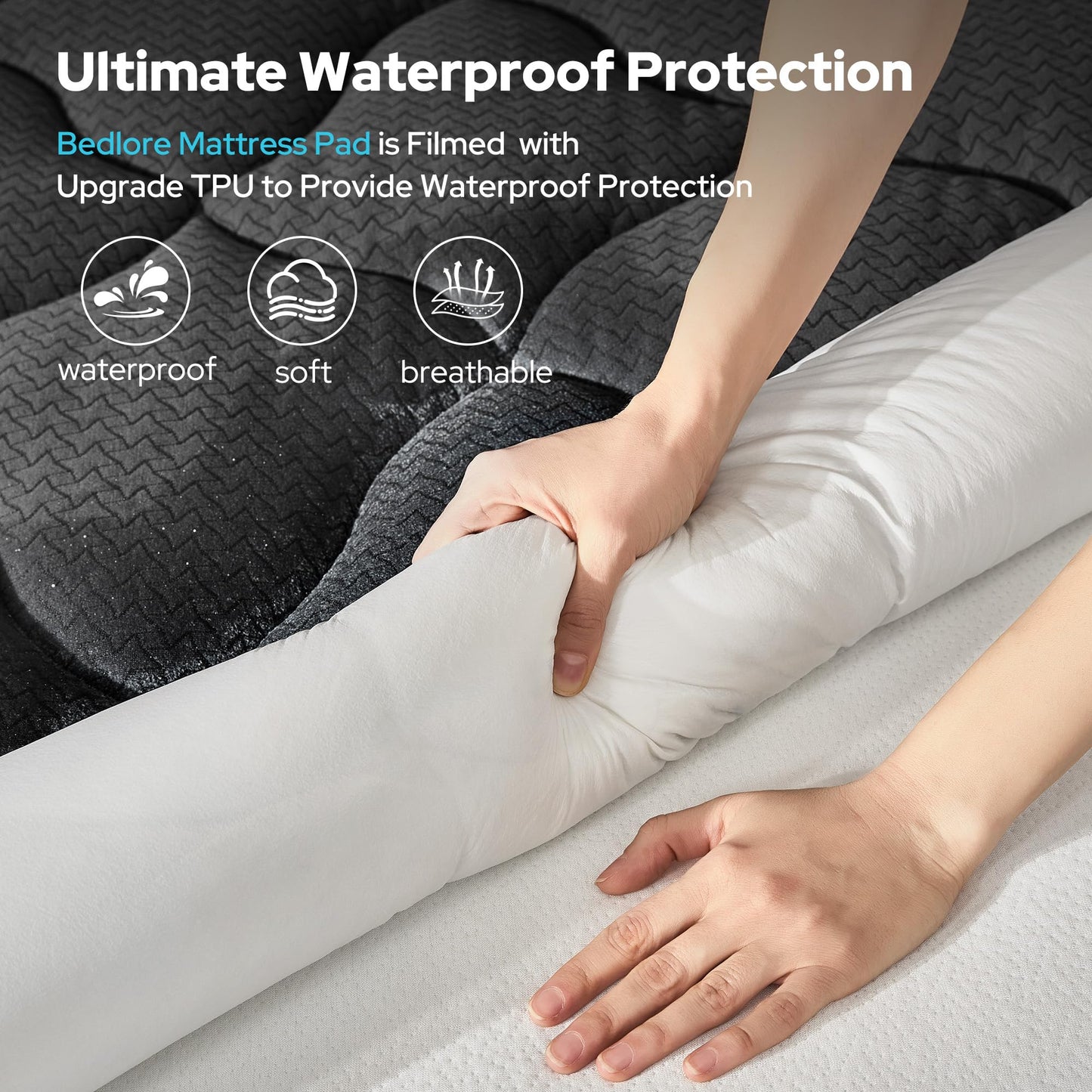 BEDLORE Waterproof Queen Mattress Pad, Breathable Mattress Protector with 6-18 Inch Deep Pocket, Quilted Fitted Mattress Topper Bed Cover, Noiseless & Machine Washable