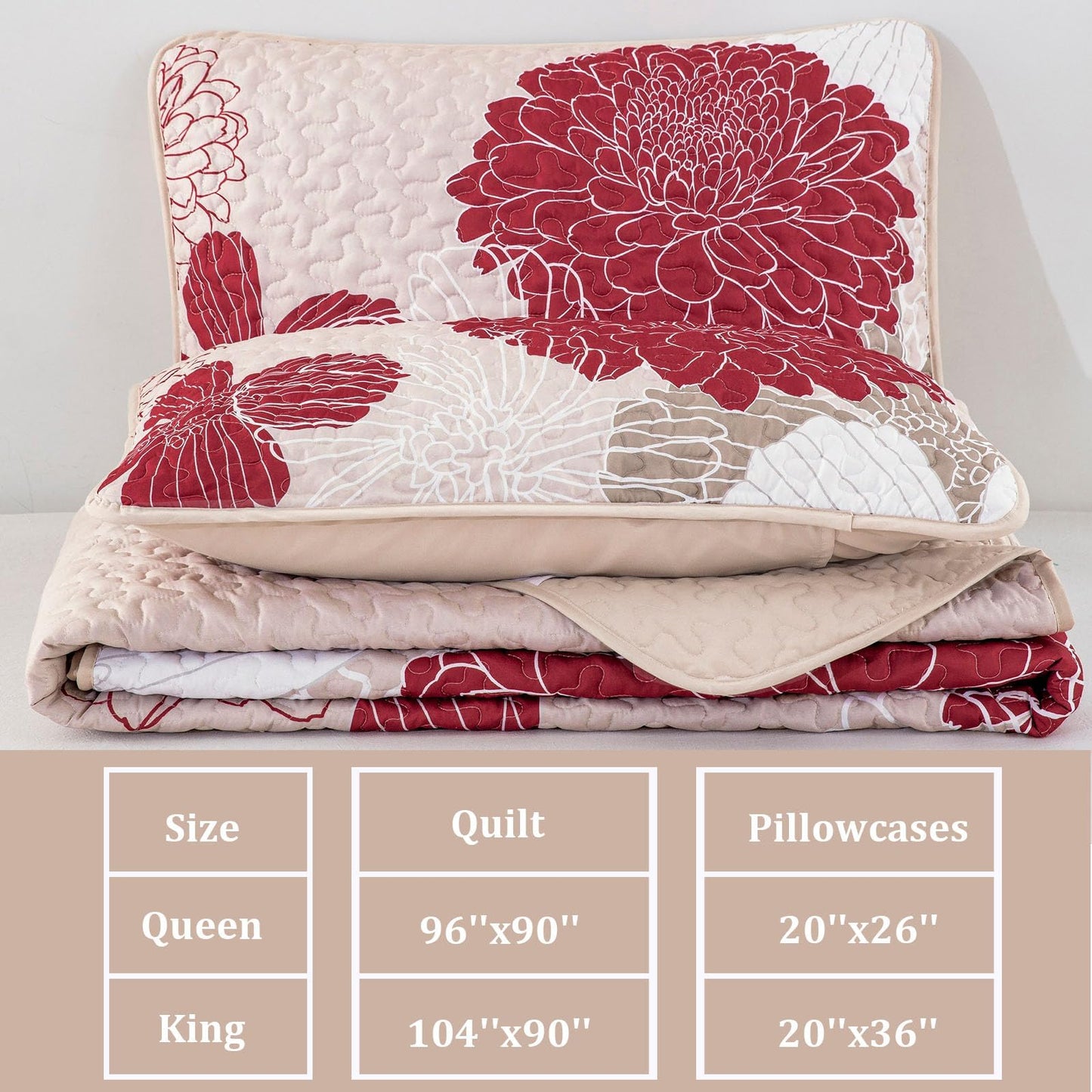 Red Floral Quilt Set Queen Size - 3 Piece Red Flower Pattern Bedspreads, Reversible Lightweight Microfiber Burgundy Quilts Bedding Set with 2 Pillowcases, All Season Quilted Coverlet Set (96''x90'')