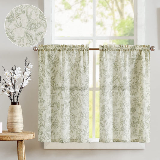 jinchan Floral Kitchen Curtains 36 Inch Long 2 Panels Sage Green on Beige