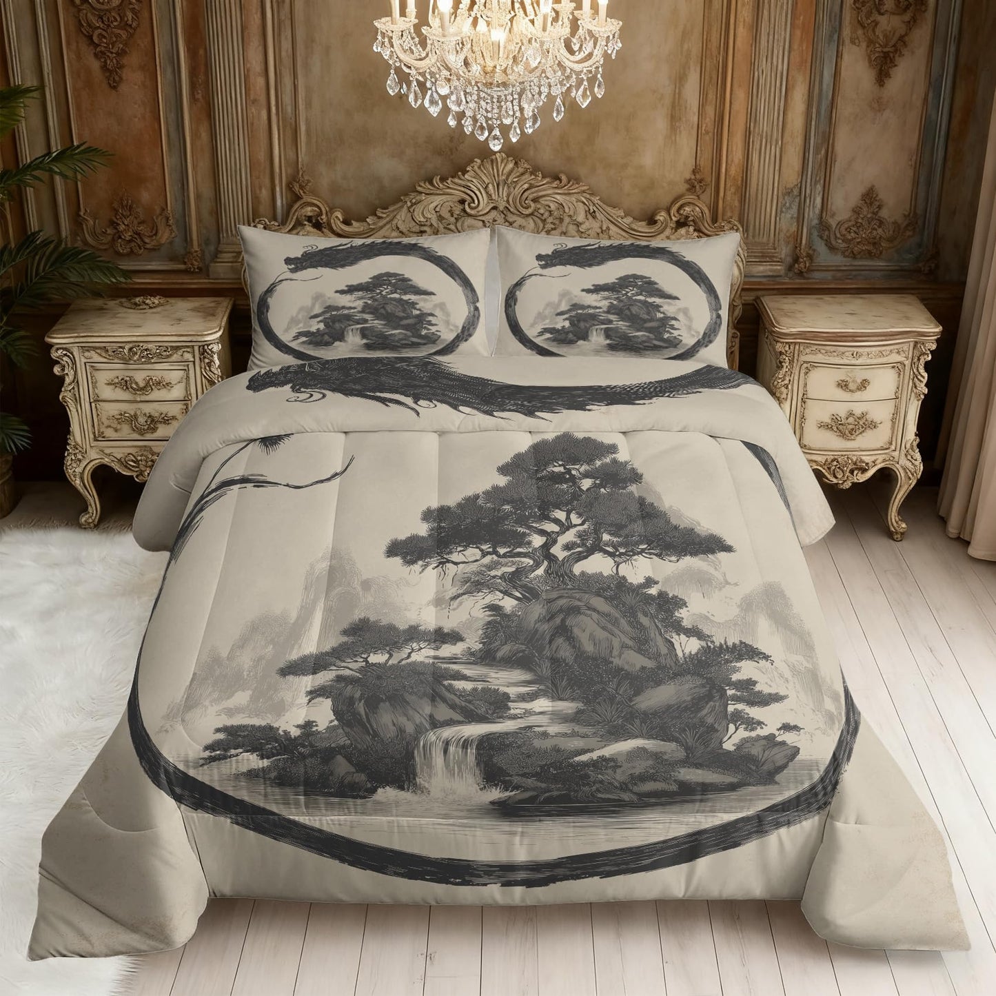 ZDABAOEC Chinese Dragon Twin Comforter Set 2 Piece, 1 Pillow Sham, Oriental Asian Japanese Style Reversible Down Alternative All Season Bedding, Soft Microfiber, Chinese Dragon Bedroom Decor
