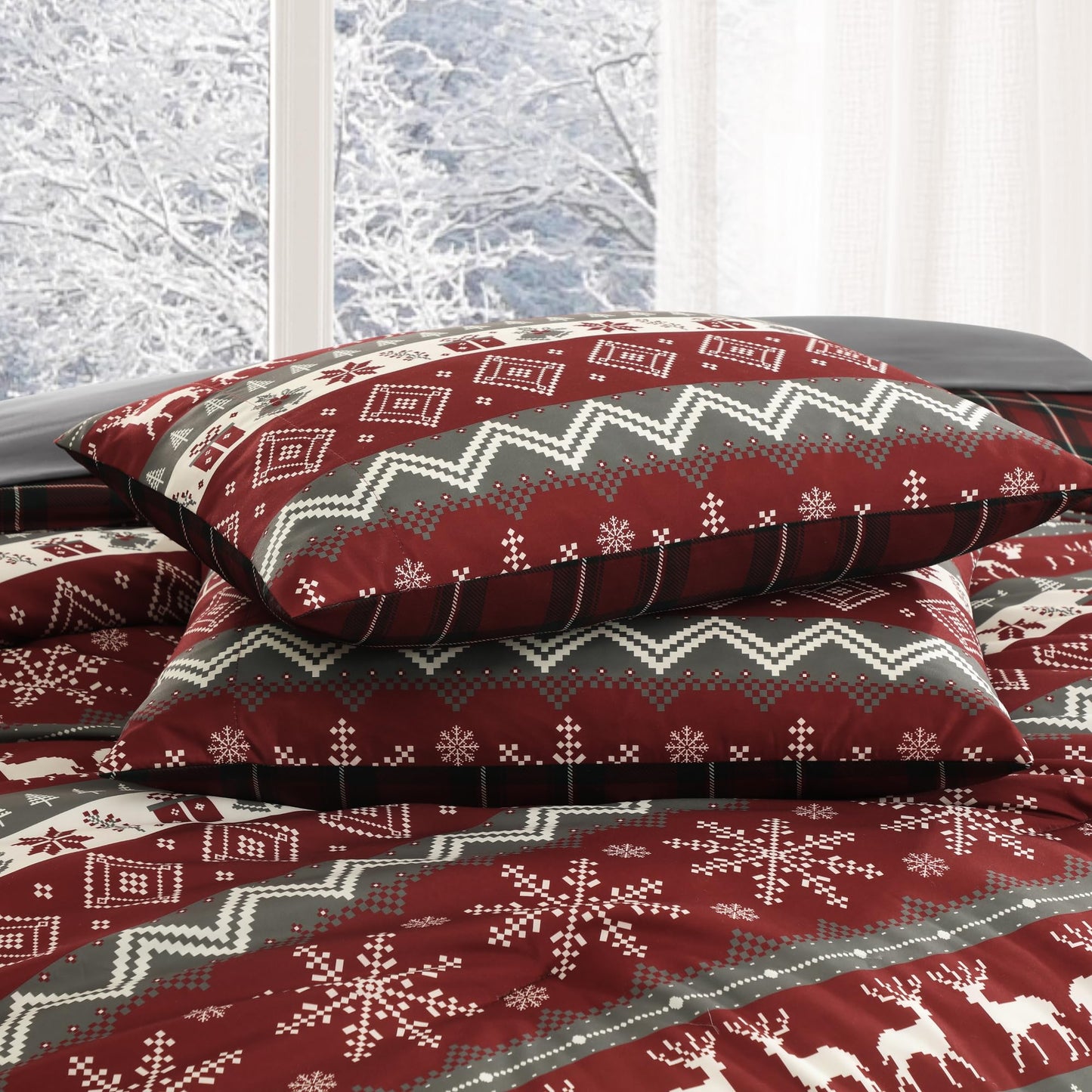 MaiRêve Christmas Queen Comforter Set, Red Reindeer Snowflake Bed Set for Holiday, Reversible Plaid Checkered Comforter Bed in a Bag, Soft Bedding Set 7 Pieces with Sheets, Pillowcases & Shams