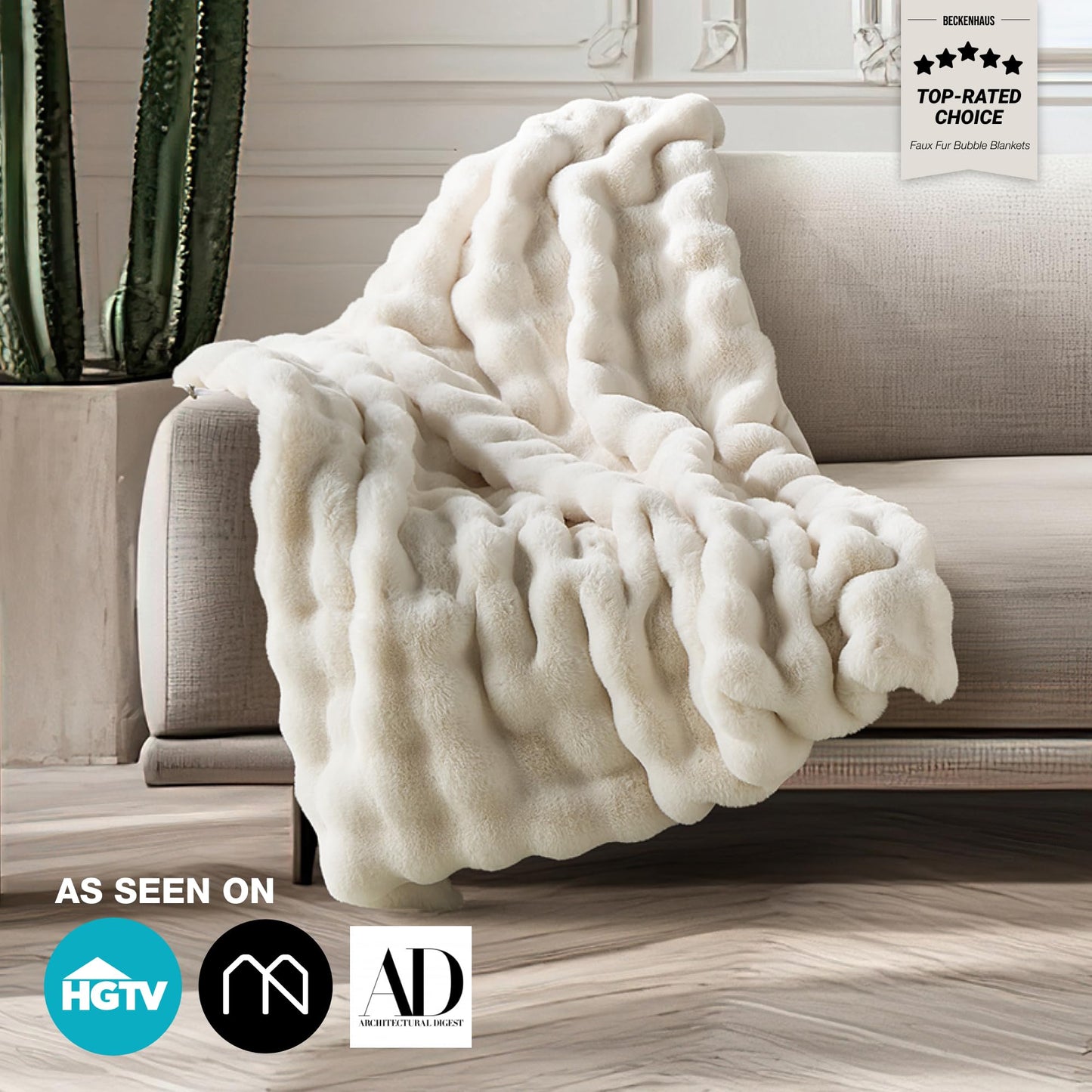 Luxury Ultra Soft Faux Fur Throw Blanket, 50x60 Inches Fluffy Plush Thick Bubble Blanket for Couch and Sofa, Premium Velvet Cozy Lola Fuzzy, 1000 GSM (Cream White)