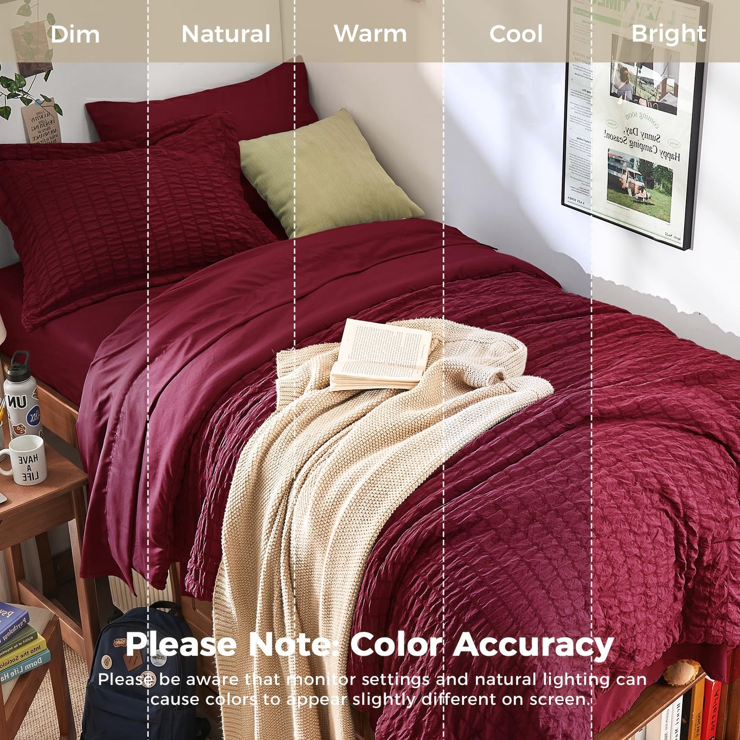 HYMOKEGE Burgundy Twin Comforter Set Seersucker 5 Pieces, All Season Luxury Bed in a Bag for Bedroom, Bedding Set with Comforters, Sheets, Pillowcase & Sham