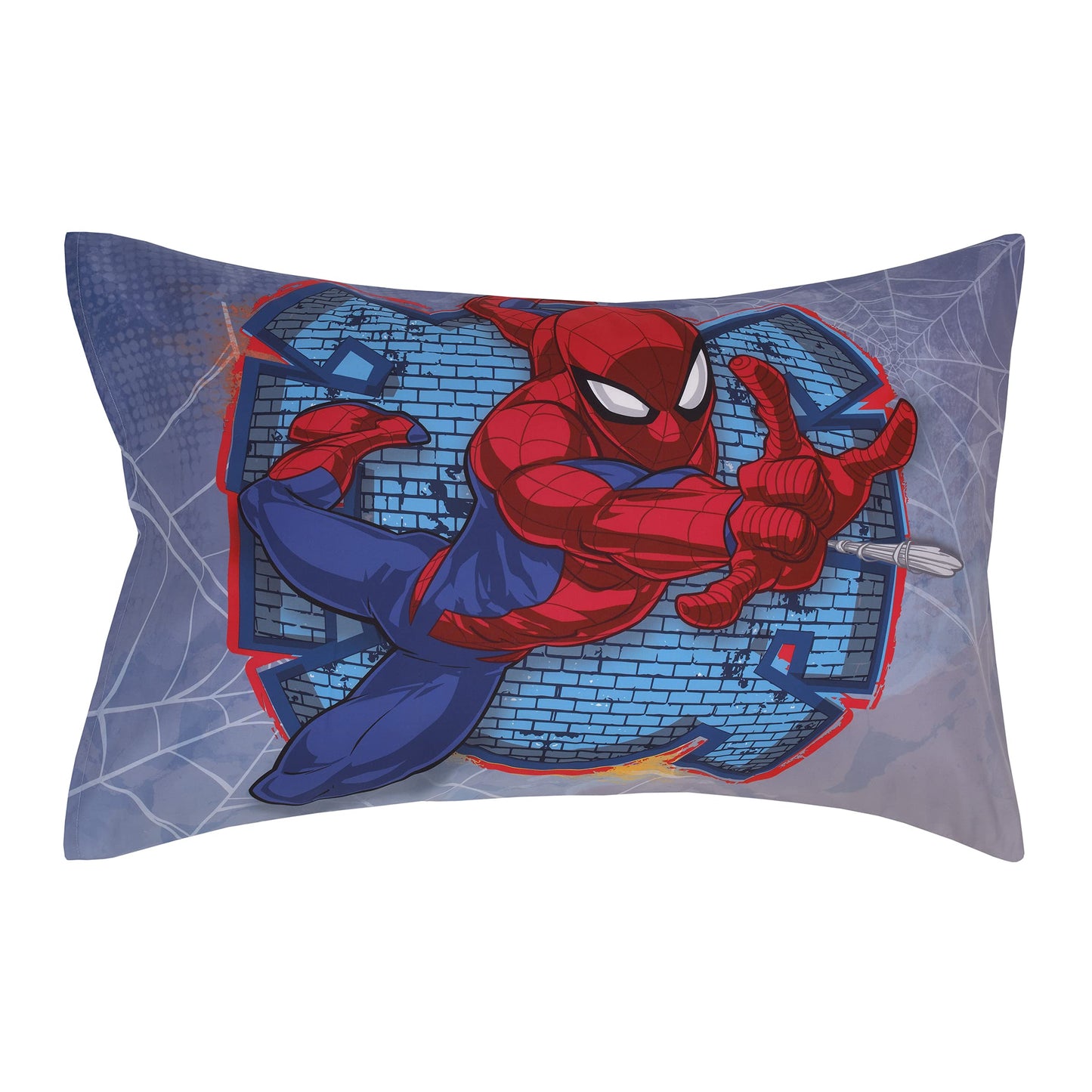 Disney Marvel Spiderman Wall Crawler Red, White, and Blue Spider Webs 4 Piece Toddler Bed Set - Comforter, Fitted Bottom Sheet, Flat Top Sheet, and Reversible Pillowcase