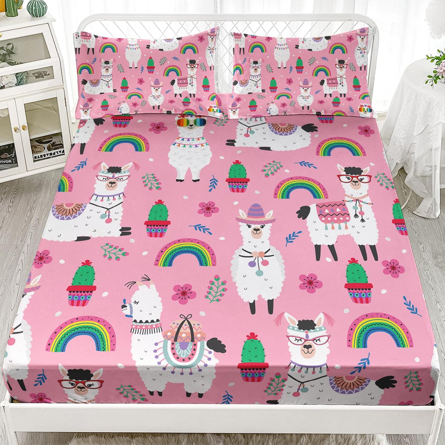 HOSIMA Kids Girls Pink Twin Fitted Sheet with 2 Pillowcases,Cute Llama Alpaca Fitted Sheet Animal Bedding Sets for Room Decor,Rainbow Cactus Flower Sheets with 15Inch Deep Pockets.