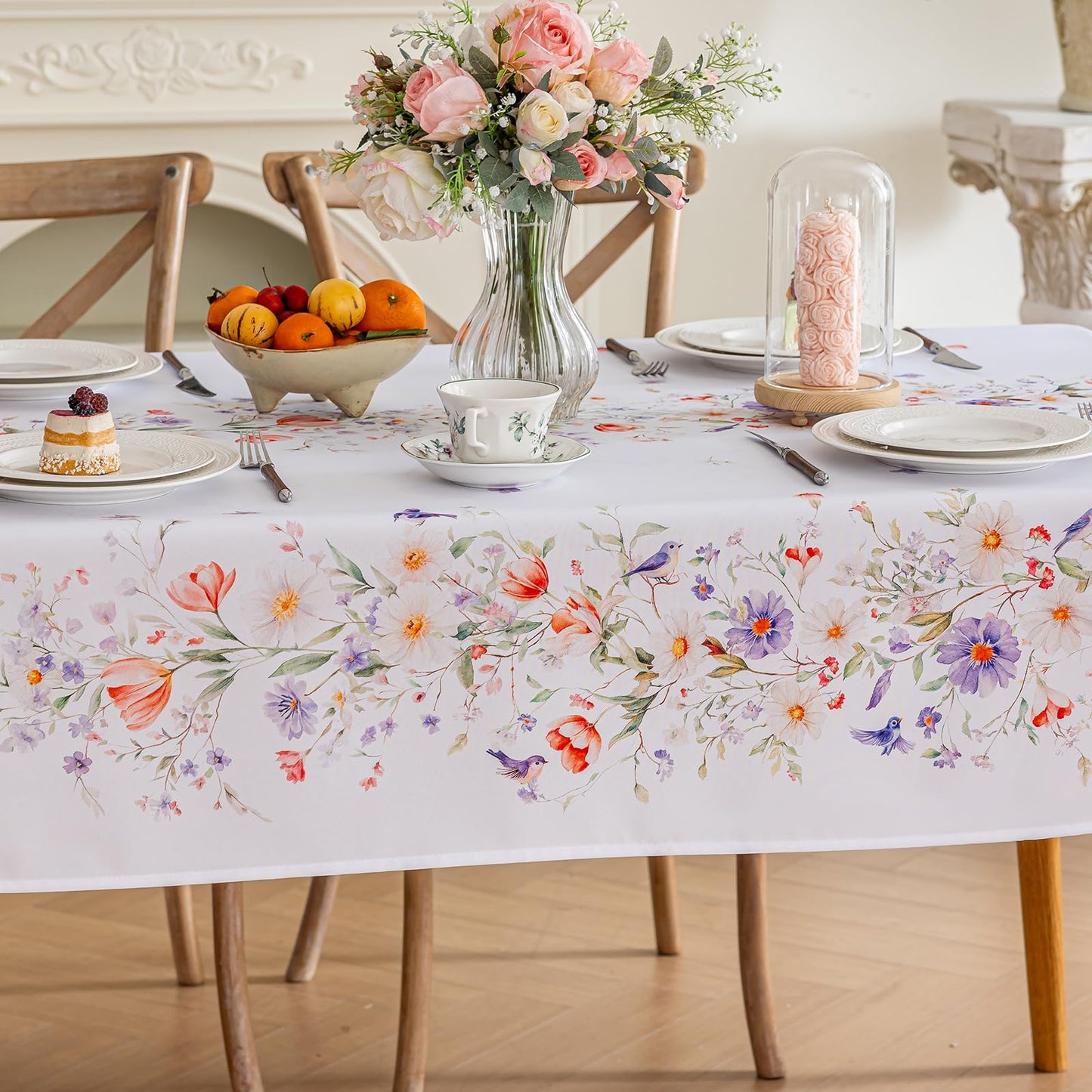 Joyfol Day Spring Florals Tablecloth, Tulips Wildflower Rectangle Table Cloth, Flowers Waterproof Table Covers for Easter, Birthday, Wedding, Mothers Day Tea Party Decorations, 84 x 60 Inch