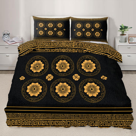 ZAOMIR Blossoms Floral Duvet Cover Queen Size, Vintage Greek Key Meander Bedding Set 3 Piece, Luxury Black Gold Patterned Comforter Cover with Zipper Soft Microfiber, 2 Pillowcases
