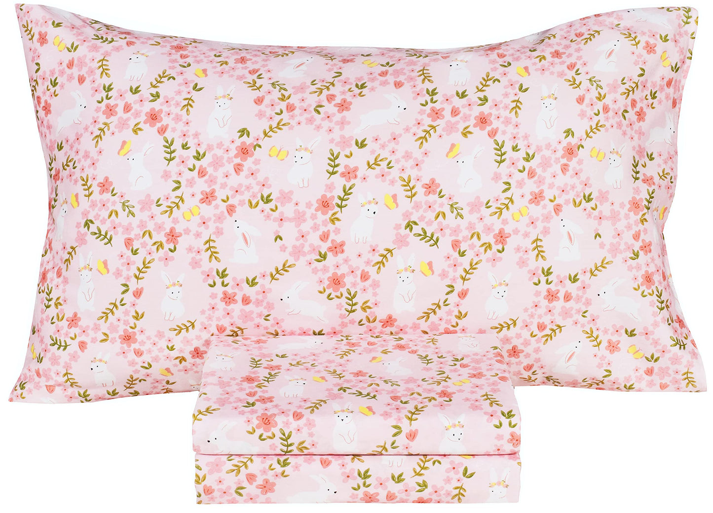 Scientific Sleep Pink Flower Rabbit Bunny 100% Cotton 3 Pcs Twin Bed Sheet Set Kids Toddler Teen, Flat Sheet & Fitted Sheet & Pillowcase Kids Bedding Set (Rabbit Flower, Twin)
