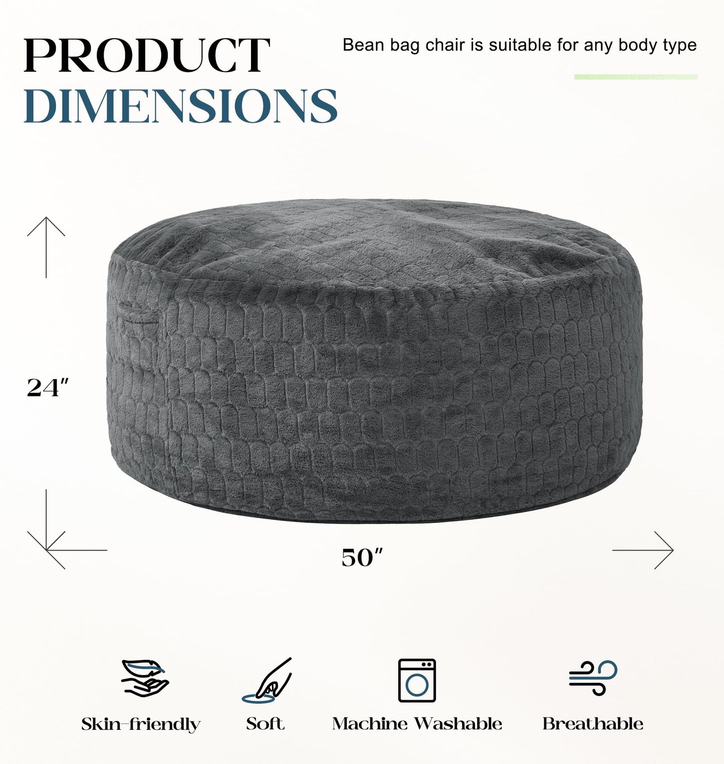 Hobestluk Bean Bag Chairs Adult Bean Bags with Fluffy Cover, Large Beanbag Chair with Filler Giant Bean Bag Chairs for Adults for Living Room, Bedroom (Dark Grey, 5FT - 50” x 50” x 24”)
