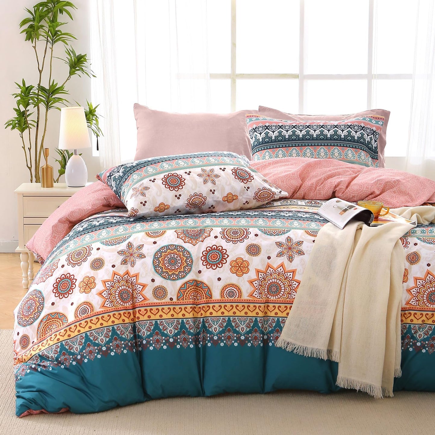 MUXHOMO Bed in a Bag Queen 7 Pieces, Queen Comforter Set Reversible Bohemian Botanical Flowers Design, Ultra Soft & Breathable Bedding Sets with Comforter, Sheets, Pillowcases & Shams