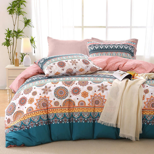 MUXHOMO Bed in a Bag Queen 7 Pieces, Queen Comforter Set Reversible Bohemian Botanical Flowers Design, Ultra Soft & Breathable Bedding Sets with Comforter, Sheets, Pillowcases & Shams