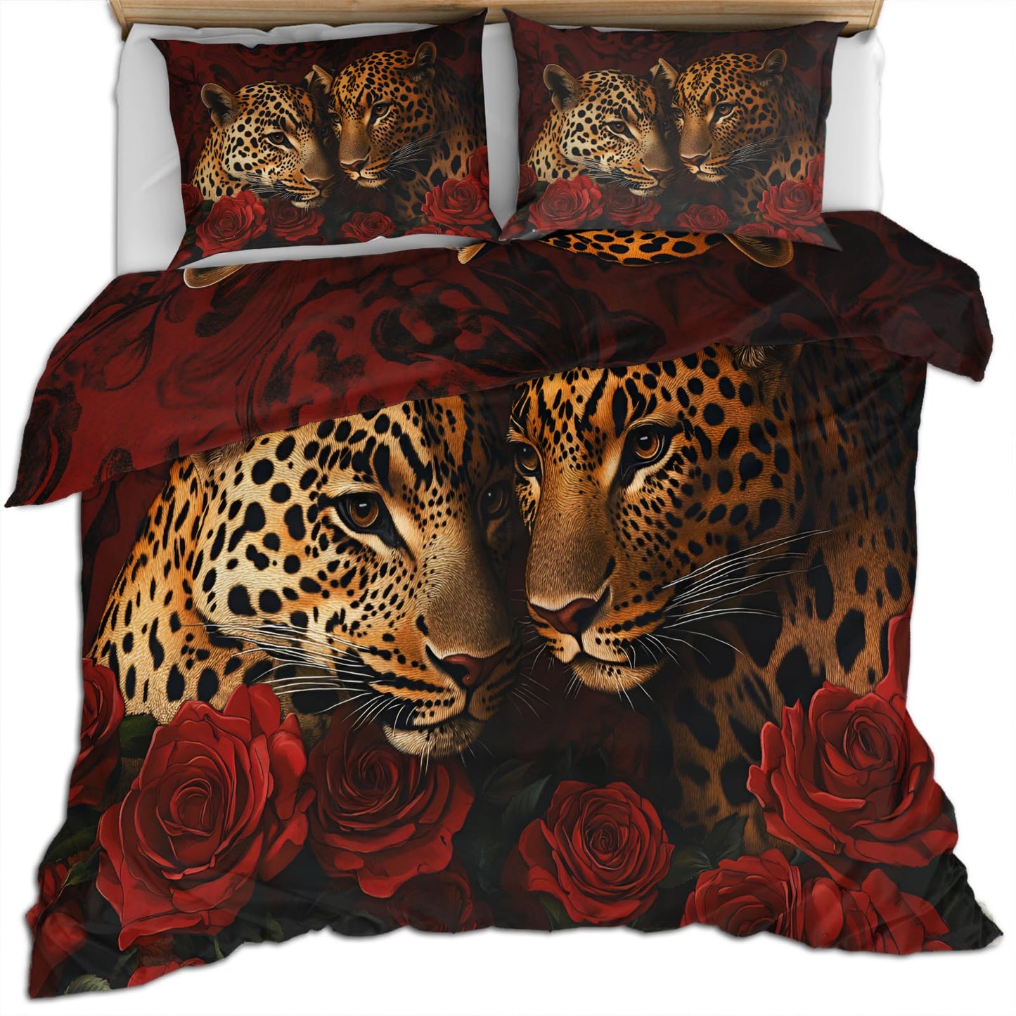 PAISUOQ Leopard Duvet Cover Full, Romantic Roses Bedding, Cheetahs Comforter Cover with 2 Pillow Cases, 3 Pieces with Zipper & Ties, Bedroom Decor & Gifts