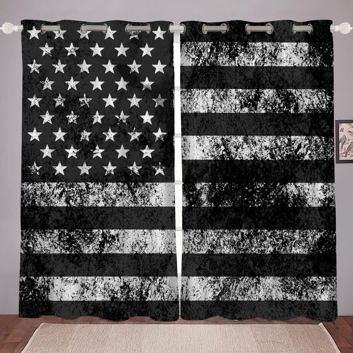 kxry Black and White USA American Flag Blackout Curtains for Bedroom Living Room US Stars Darkening Grommet Curtain 63 Inches Long Window Drapes Treatment Room Decor,2 Panels Set, 42''W x 63''L