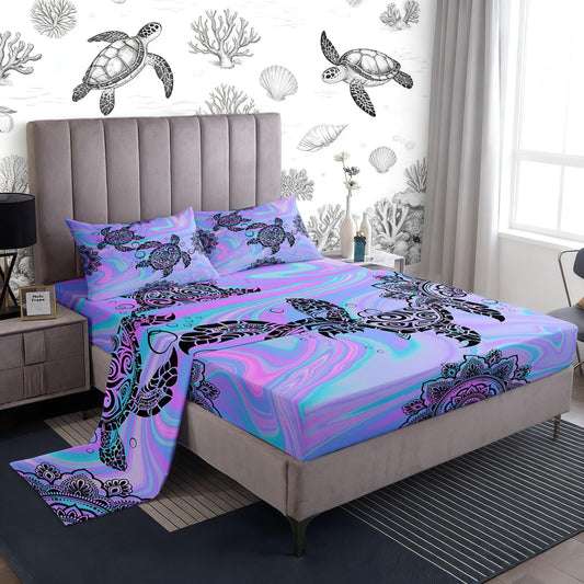 Castle Fairy Kids Tie Dye Sea Turtle Full Fitted Sheet 4pcs,Mandala Flowers Tortoise Animal Bed Sheet Set for Girls Teens Bedroom,Purple Blue Marble Polyester Bedding Set with 1 Flat + 2 Pillowcases