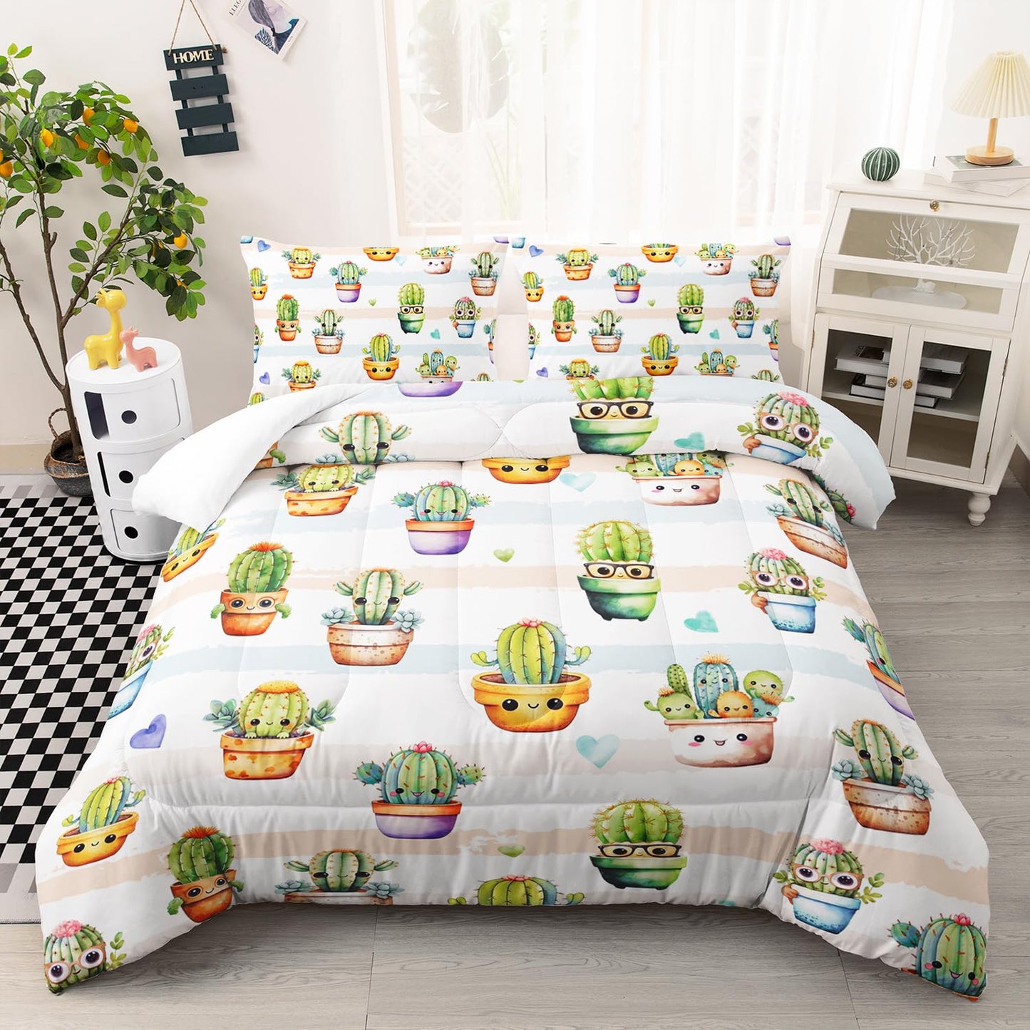 AILONEN Cute Cactus Comforter Set Queen Size, Funny Cartoon Style Succulent Plant Bedding Set for Kids Girls,Mexican Nature Hipster Humor Print Bed in a Bag,1 Quilt Set 2 Pillowcases,3 PCS