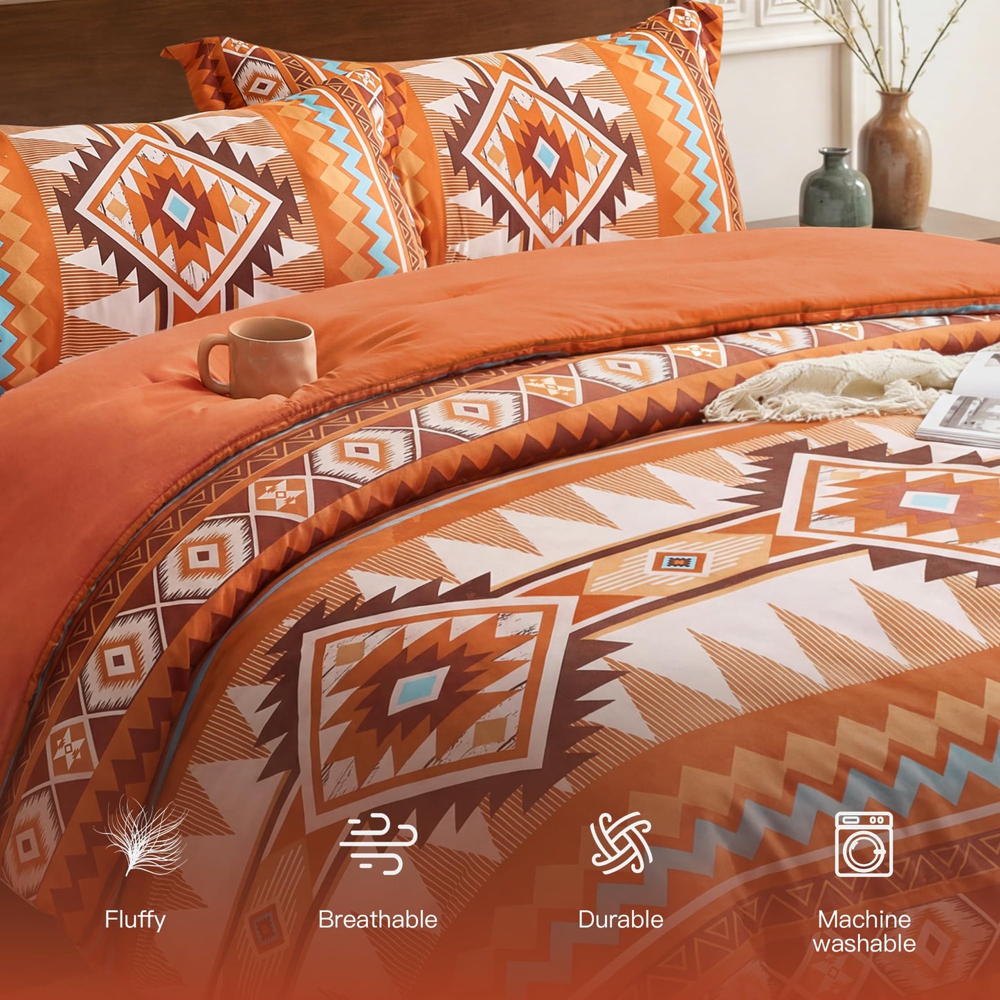 Tyrot Burnt Orange King Size Comforter Set – 3 Piece Boho Aztec Western Bedding Sets, Soft Lightweight Comforter for All Seasons, Southwestern Style, 1 Comforter & 2 Pillow Shams