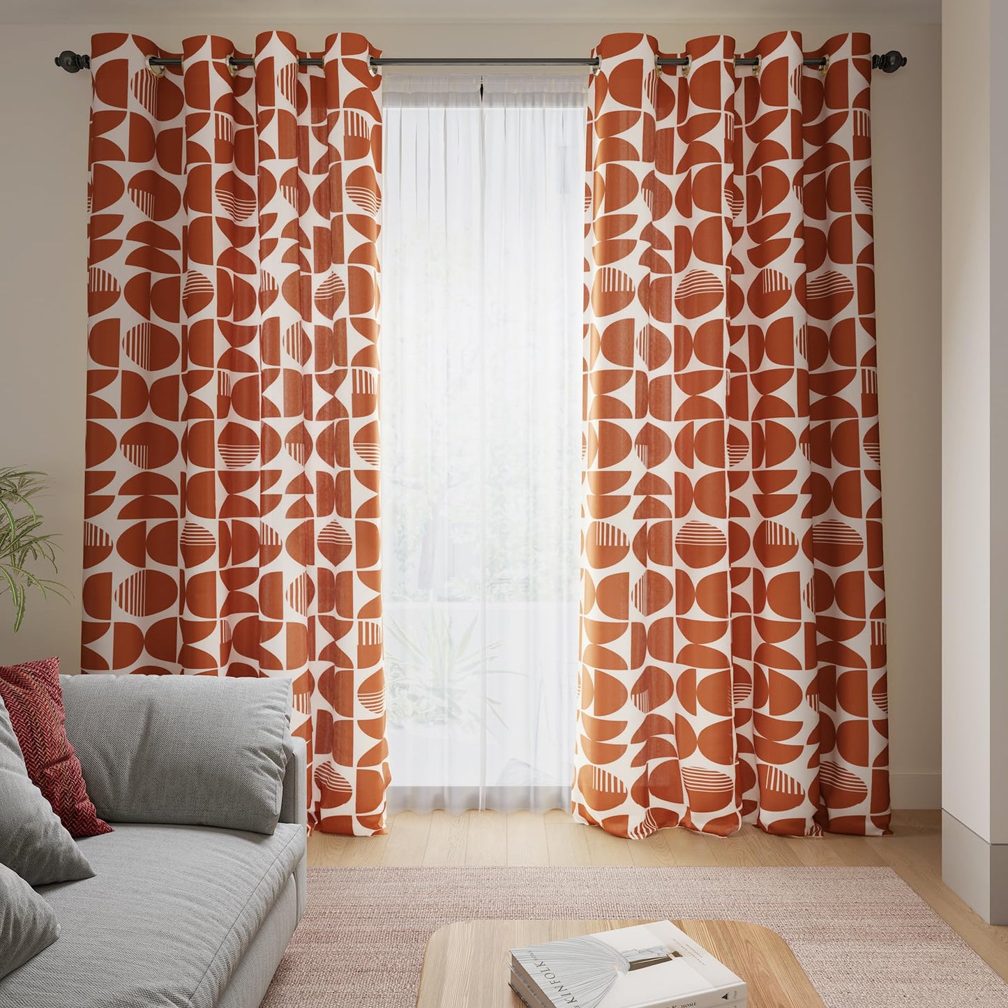 ColorBird Orange Patterned Curtains Mid-Century Modern Farmhouse 63 Inch Length 2 Panels Set, Geometric Grommet Drapes for Kitchen Living Dining Room Bedroom
