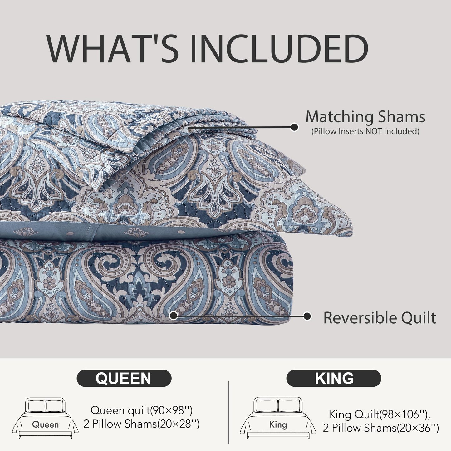 BCOTTOND Blue Paisley Queen Size Quilt Set - Reversible Paisley Beige Floral Quilts Queen Size, 100% Cotton Lightweight Bedspread Set, Luxury Quilt Bedding Set for Queen Bed, Navy Blue, 90×98