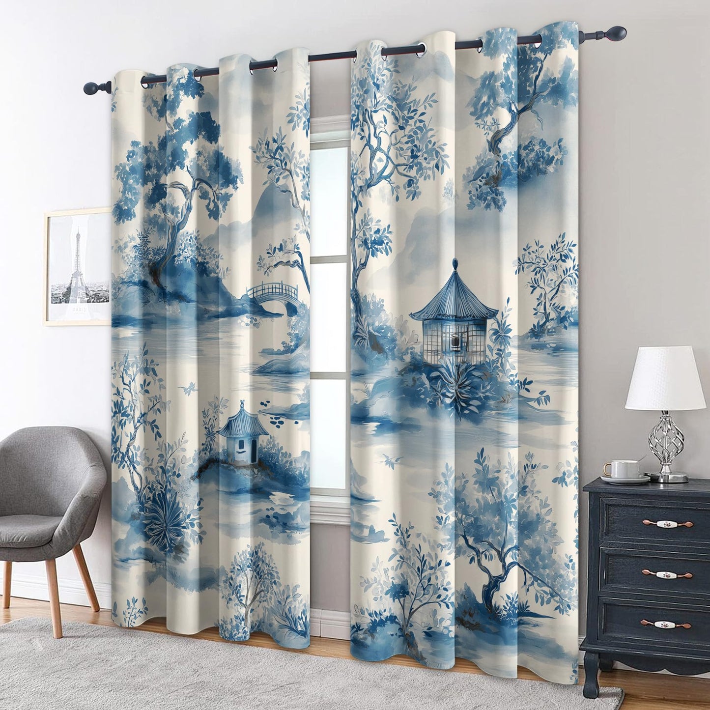 Chinese Asian Curtains for Bedroom Kitchen, 39 Inch 2 Panels, Chinoiserie Landscape Printed Pattern, 95% Blackout Window Drapes for Living Room, Chinese Home Decor, Grommet Top GR41