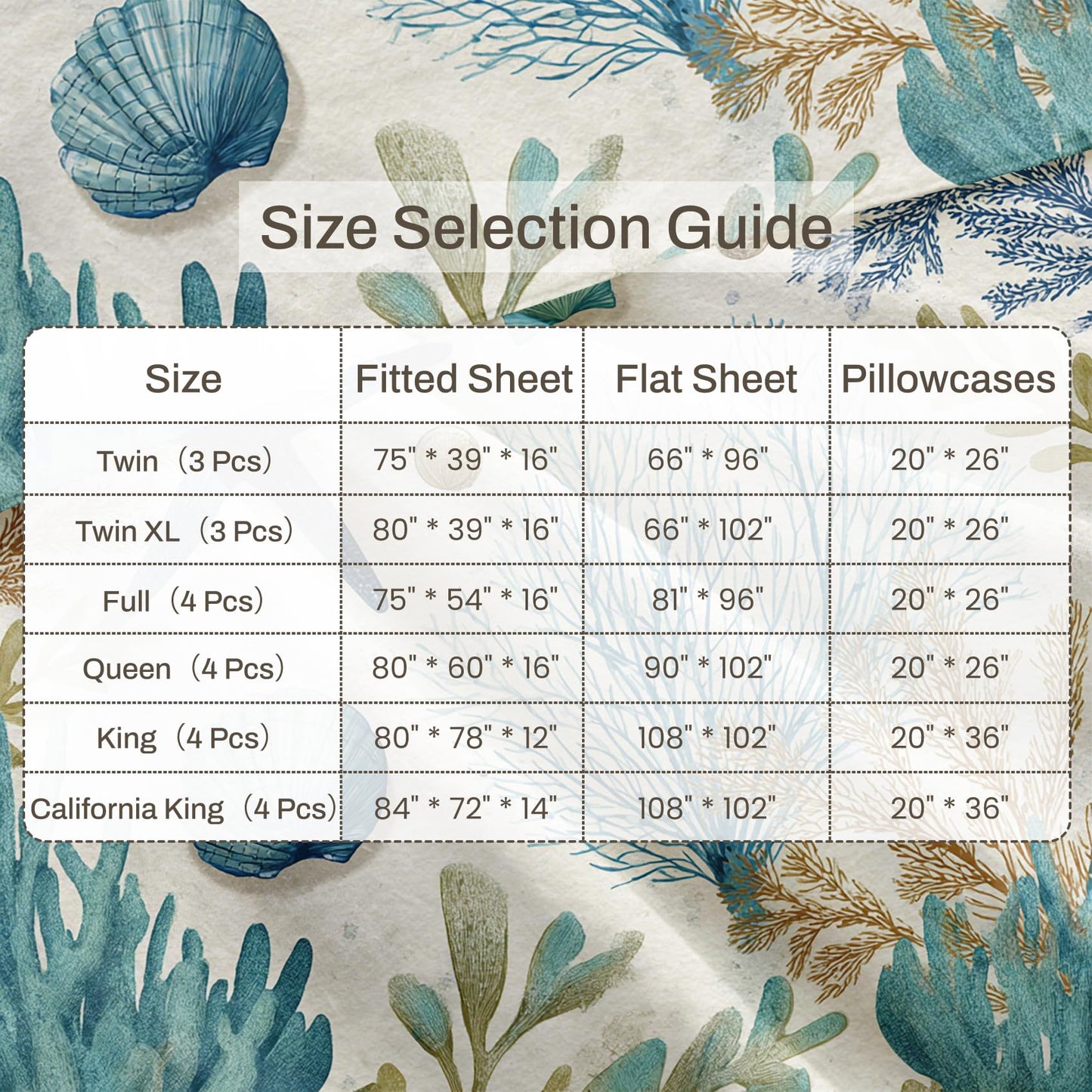 Seashell Coral Queen Sheet Set 4 Pcs Coastal Bed Sheets